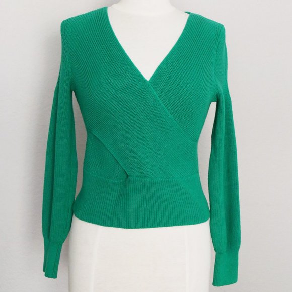 Anthropologie Moth Liza Surplice V Neck Faux Wrap Sweater Kelly Green Ribbed XSP - Picture 6 of 15